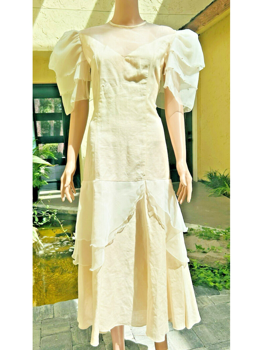 Vintage Tireli Linen Organza Pearl Dress Ecru Ivory Drop Waist Dress 7/8